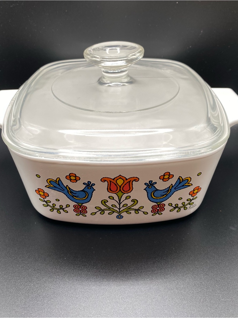 Pyrex Vintage White Casserole Dish with Blue Bird and Orange Floral Motif